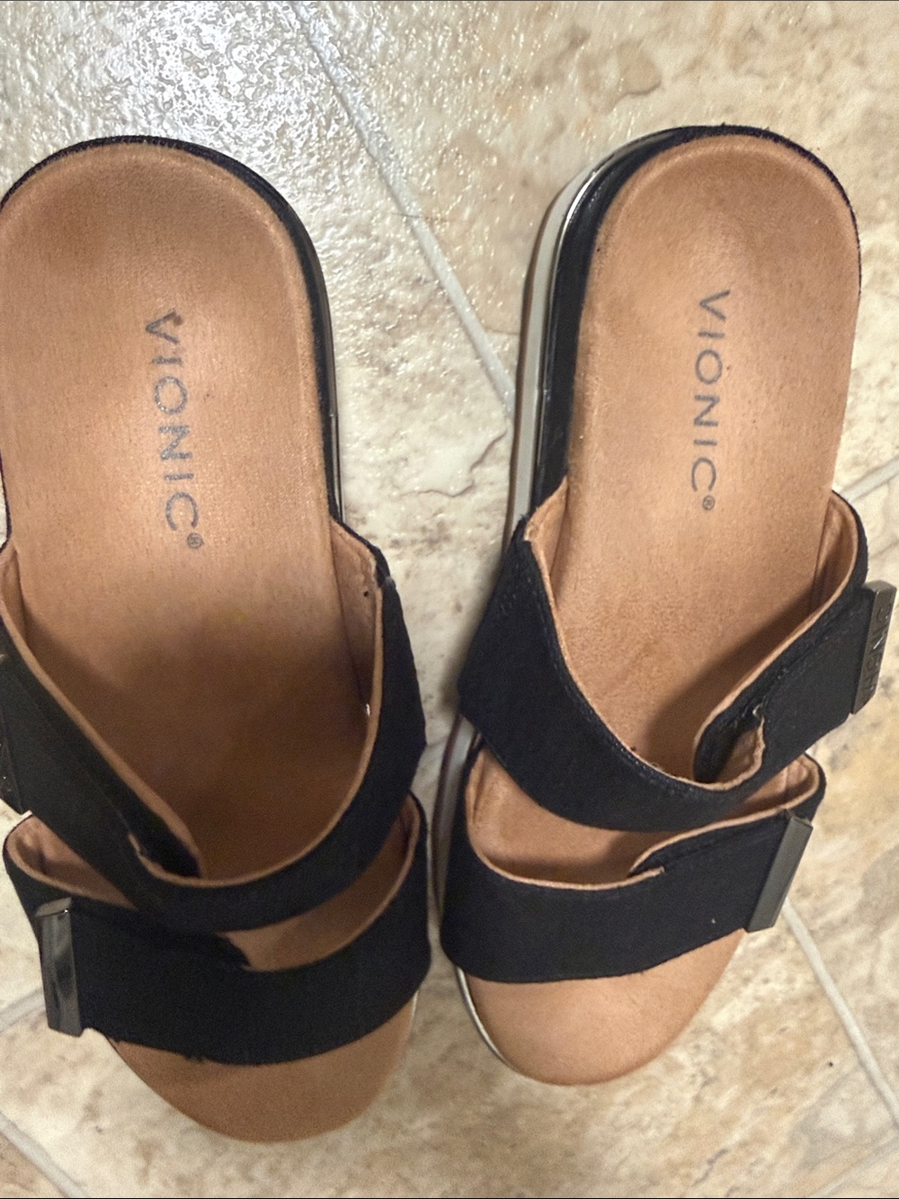 Vionic Black Dual-Strap Slide Sandals with Tan Footbed - Picture 3 of 5
